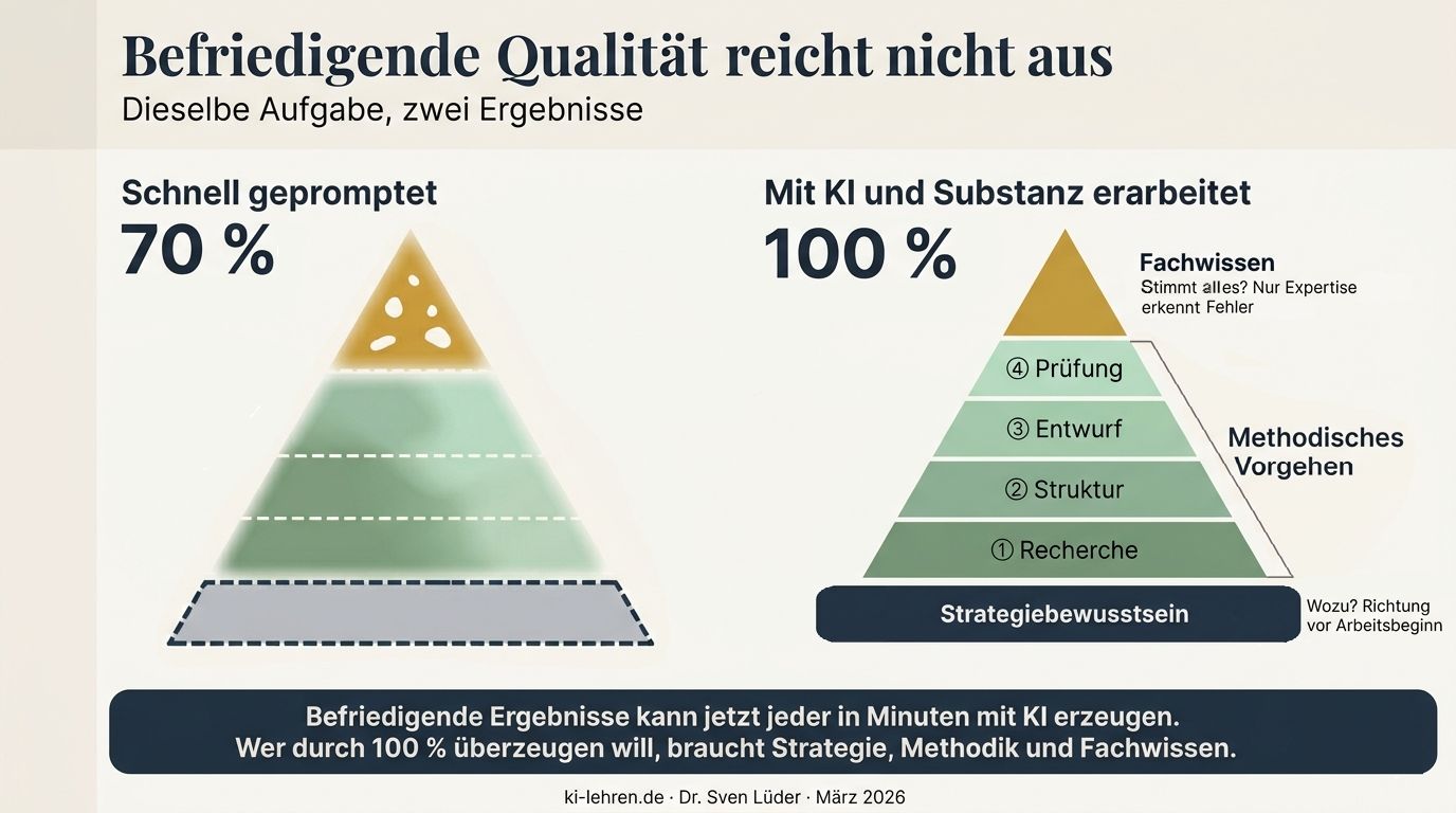Befriedigende Qualität reicht nicht aus – Dieselbe Aufgabe, zwei Ergebnisse: Schnell gepromptet ergibt 70 %, mit KI und Substanz erarbeitet 100 %. Fachwissen, methodisches Vorgehen und Strategiebewusstsein machen den Unterschied.