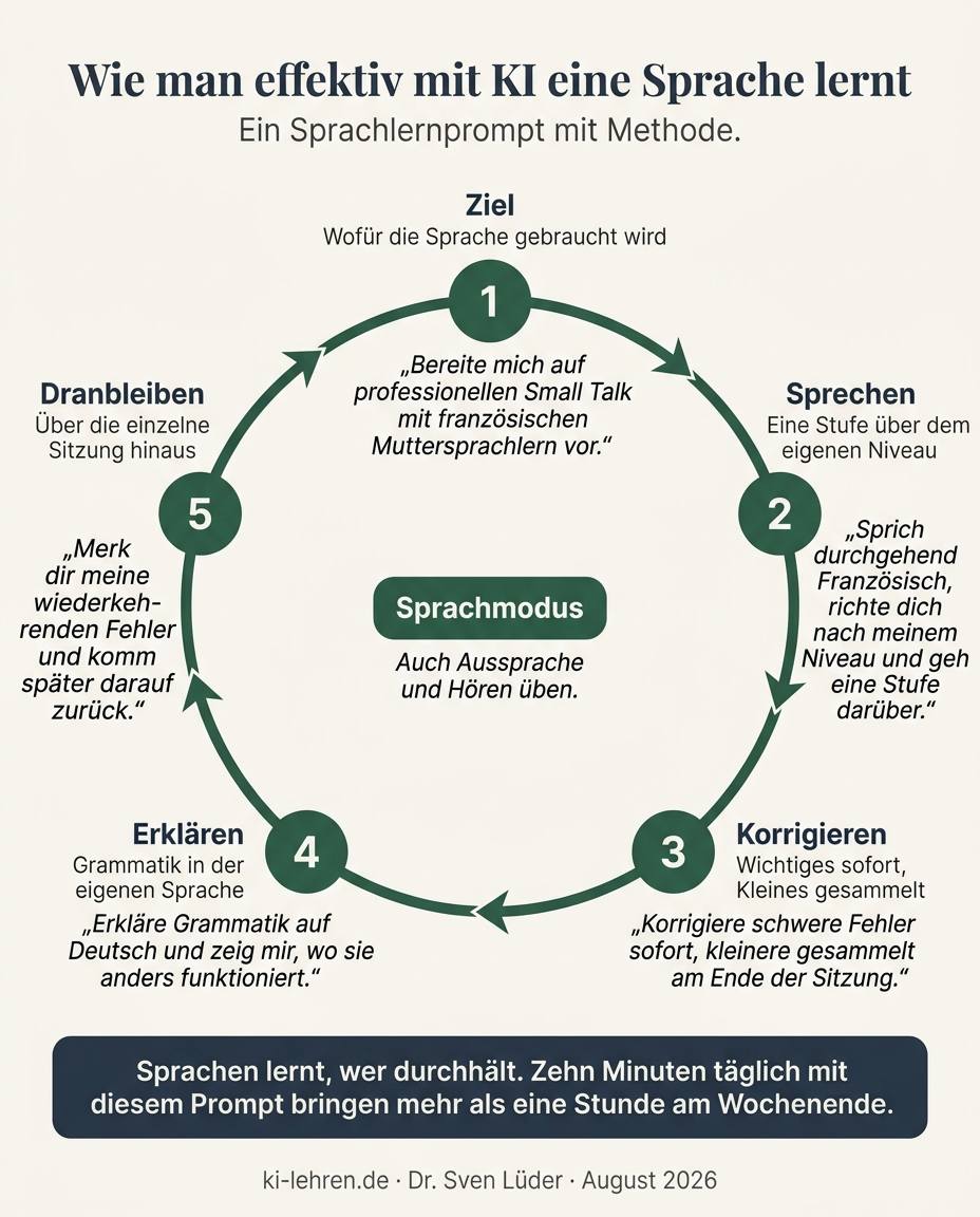 Infografik: Fünf Bestandteile eines Sprachlernprompts – das Ziel benennen, den Bot eine Stufe über dem eigenen Niveau sprechen lassen, schwere Fehler sofort und kleinere gesammelt korrigieren lassen, Grammatik in der eigenen Sprache erklären lassen und wiederkehrende Fehler über die Sitzung hinaus festhalten.